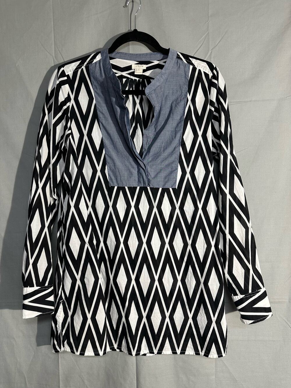 J Crew Tunic Top Womens Small Black White Bib V Neck Lightweight Diamond Boho
